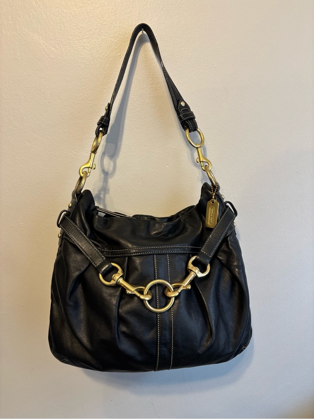 Coach Leather Hampton Pleated Black Belted Gold Brass Hardware Shoulder Bag Y2K